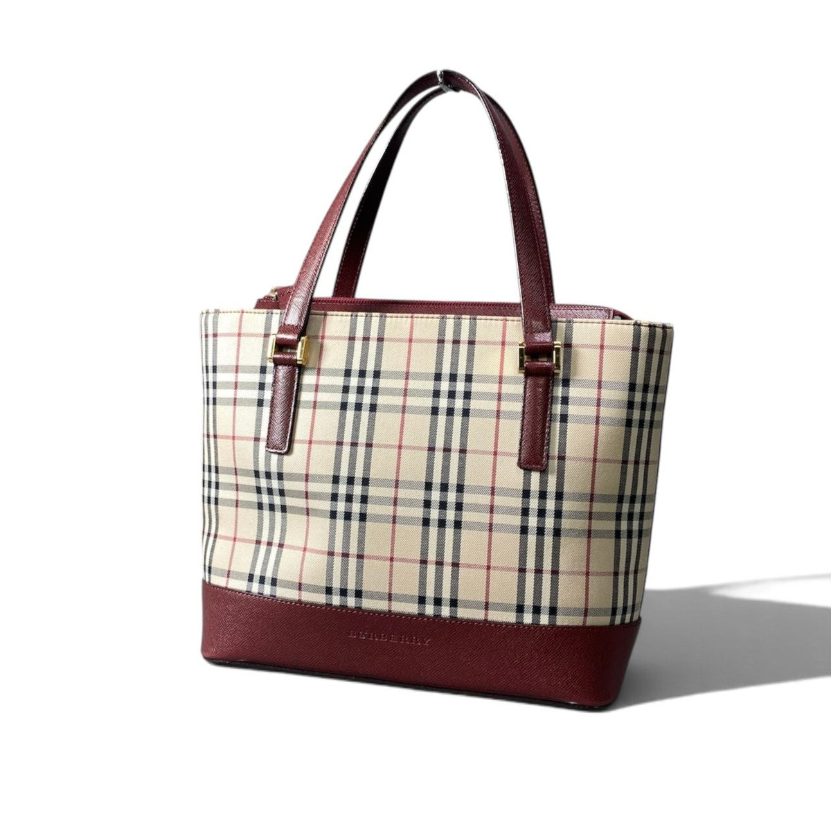 h13【美品】BURBERRY ハンドバッグ ノバチェック  ベージュ ボルドー キャンバス レザー レディース 女性用k02i