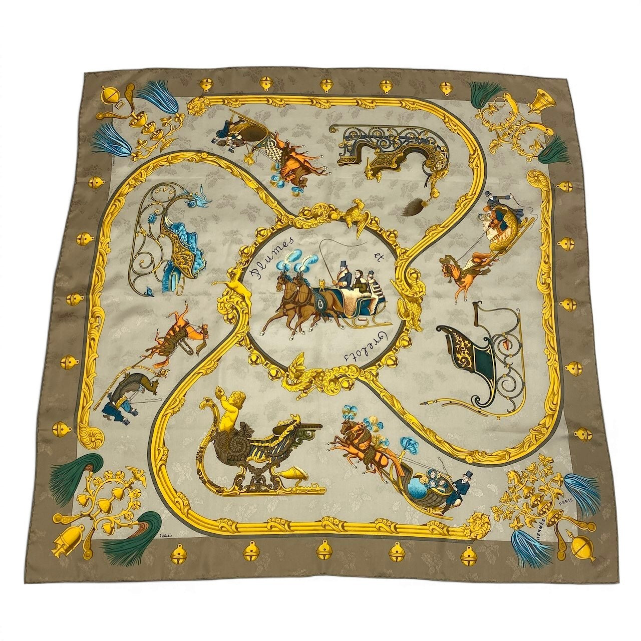e8 《美品》 HERMES エルメス カレ90 羽飾りと鈴 スカーフ Carre 90 Plumes et Grelots ベージュ Silk 100％t18r