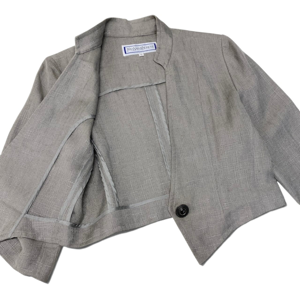 86i15 YVES SAINT LAURENT イヴサンローラン テーラードジャケット スタンドカラージャケット リネン混 サイズL グレー レディースo07t