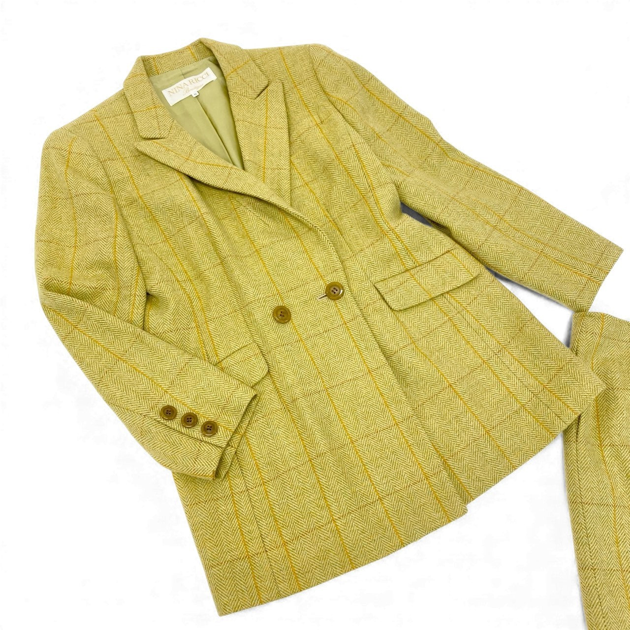 30K18《美品》 NINA RICCI BOUTIQUE ニナリッチ セットアップスカート フォーマル イギリス製生地○ ダブルブレストジャケット 膝丈スカート チェック柄  11 グリーン ラムウールu02t