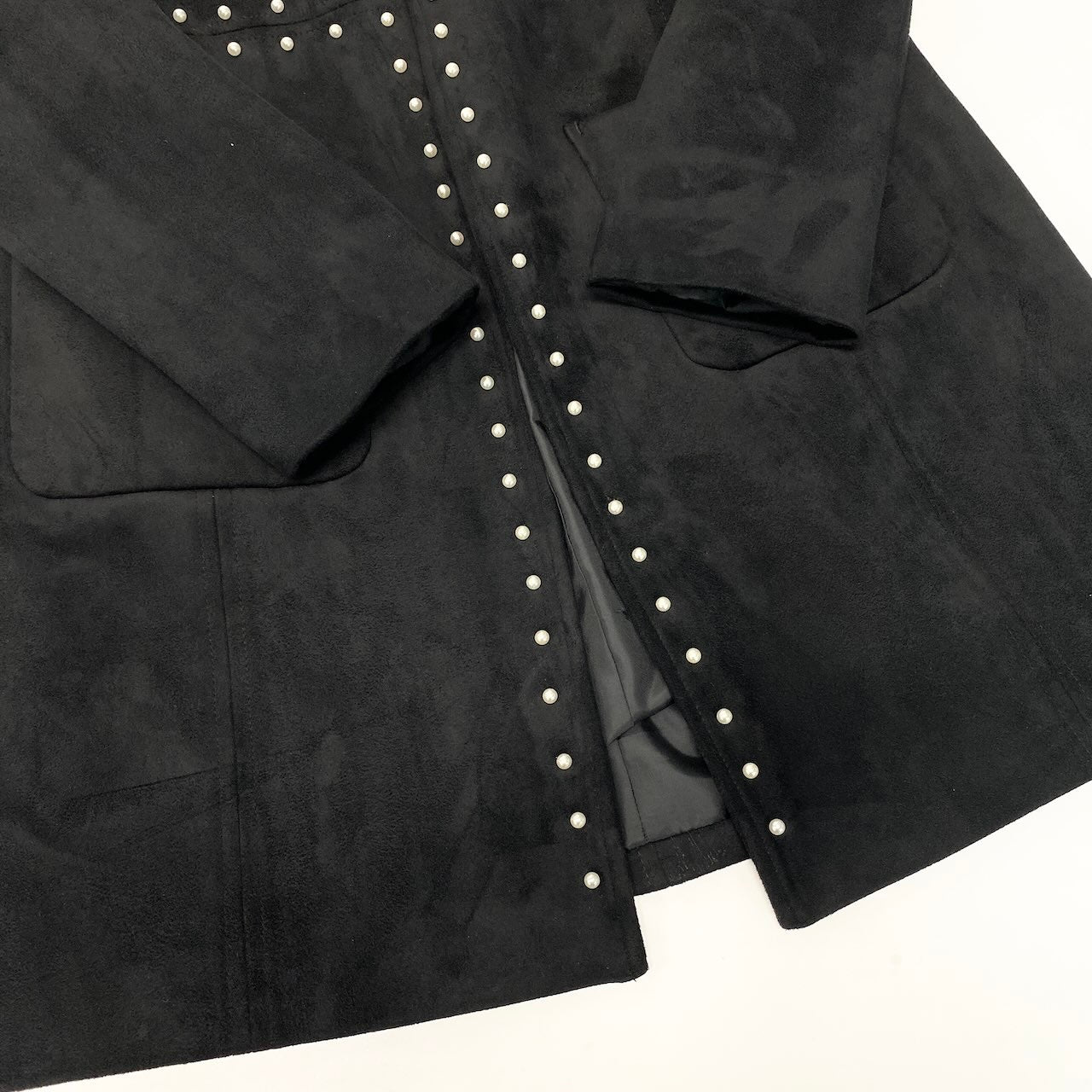71e8 KARL LAGERFELD PARIS カール ラガーフェルド パリ ノーカラースウェードコート パール装飾 サイズ6 ブラック レディース 女性用u02t