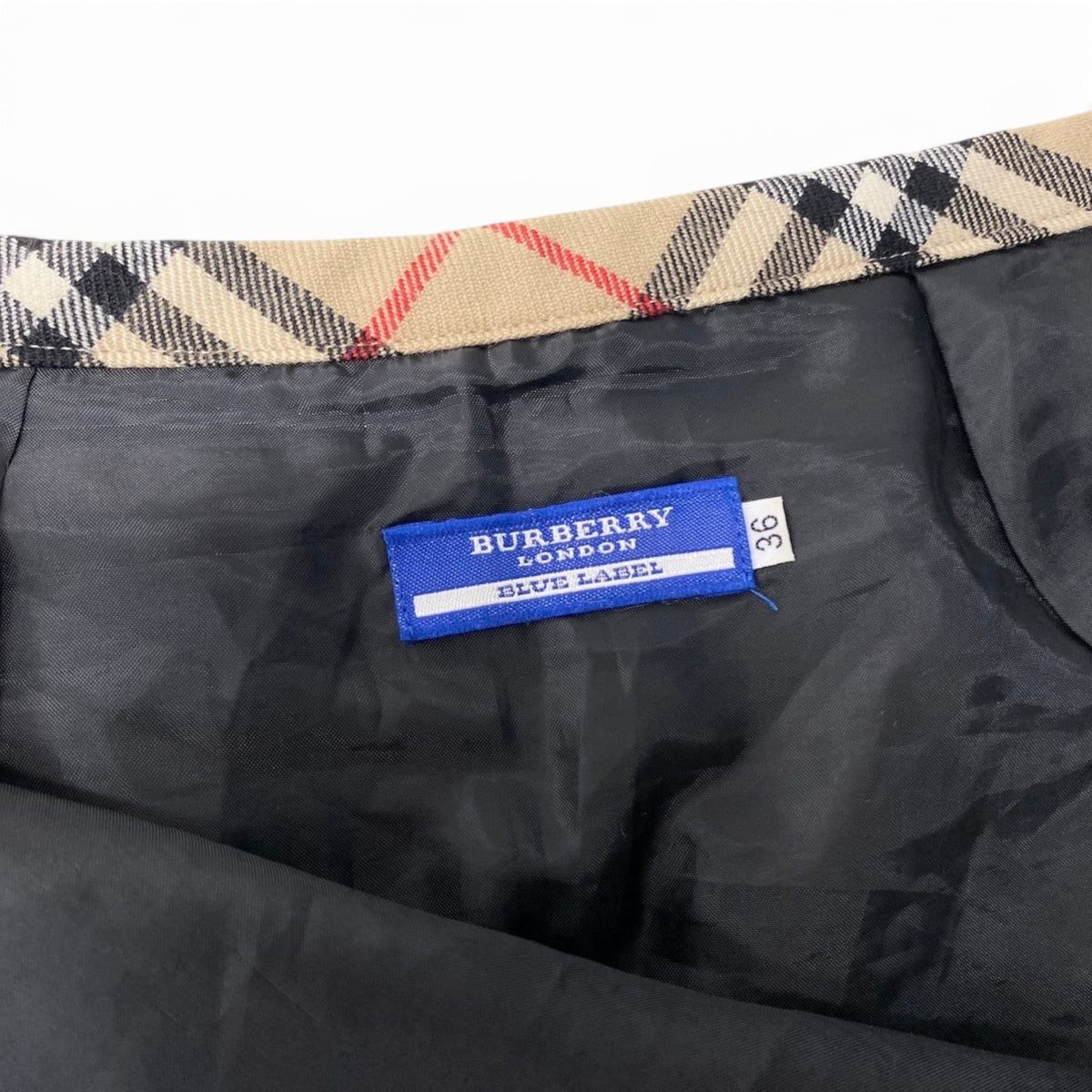 88i15 BURBERRY LONDON BLUE LABEL バーバリーロンドン ブルーレーベル ノバチェック 台形スカート タックスカート サイズ36 ベージュ ウール レディースo07t