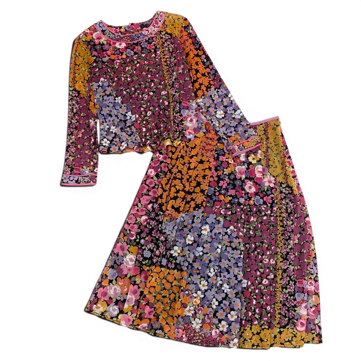 22f11 LEONARD FASHION レオナール セットアップスカート シアーカットソー フレアスカート 花柄プリント カンカン素材 サイズM/67 マルチカラー レディースu02t
