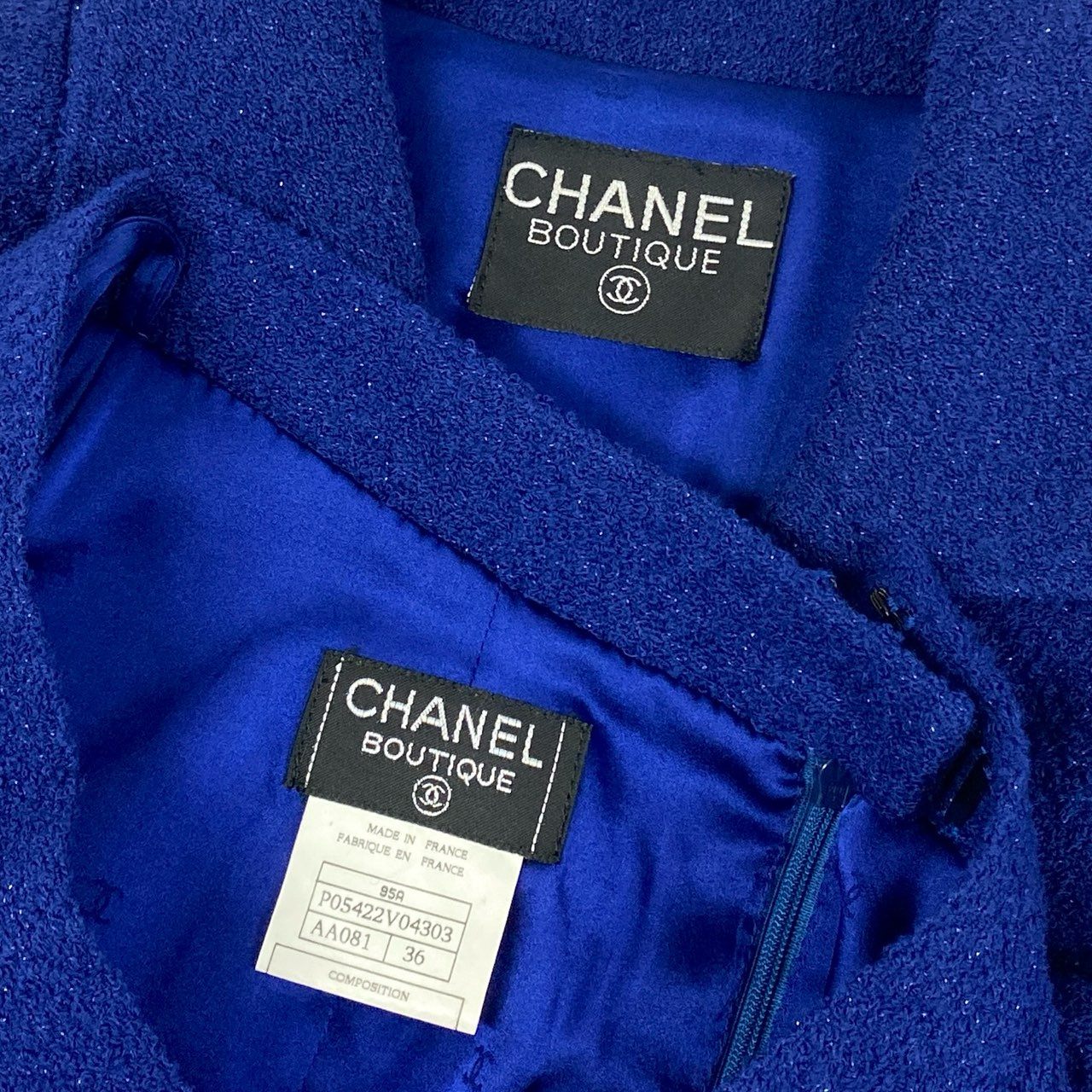 63i12 CHANEL シャネル 95A ココボタン ラメツイード セットアップ レトロ  ブルー Vintage ヴィンテージ Tweed Setupt18r