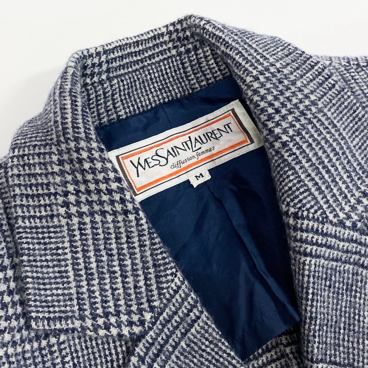 63f2 YVES SAINT LAURENT イヴサンローラン ダブルブレスト テーラードジャケット グレンチェック柄 金ボタン カシミヤ混 サイズM ネイビー ホワイト レディース 女性服o07t
