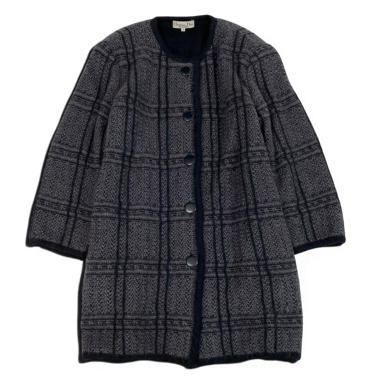 21d18 Christian Dior クリスチャンディオール ロングスリーブ ニットカーディガン ミディアム丈 総柄 Mサイズ グレー系 レディース 女性用u02t