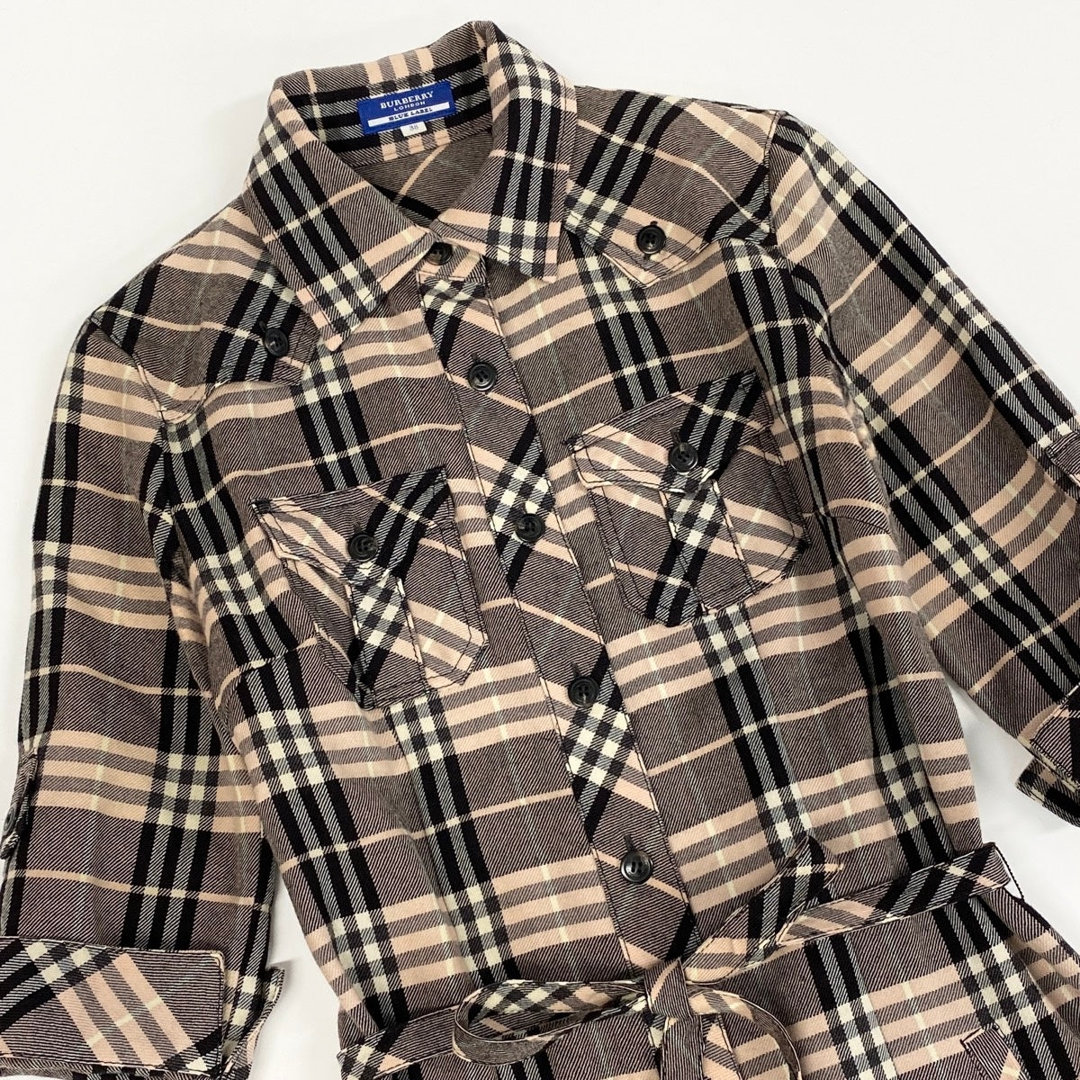 Ie25 BURBERRY LONDON BLUE LABEL バーバリーロンドン ブルーレーベル チェックシャツ 膝丈ワンピース 7分袖 サイズ38 ブラウン系 ピンク ウール100％ レディース 女性服o07t