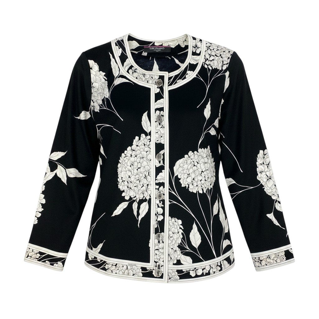 9f5 LEONARD FASHION レオナール ノーカラージャケット 薄手 花柄プリント クリアボタン サイズM ブラック ホワイト コットン100％ レディース 女性服u02t