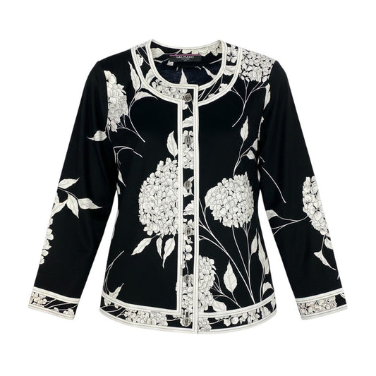 9f5 LEONARD FASHION レオナール ノーカラージャケット 薄手 花柄プリント クリアボタン サイズM ブラック ホワイト コットン100％ レディース 女性服u02t