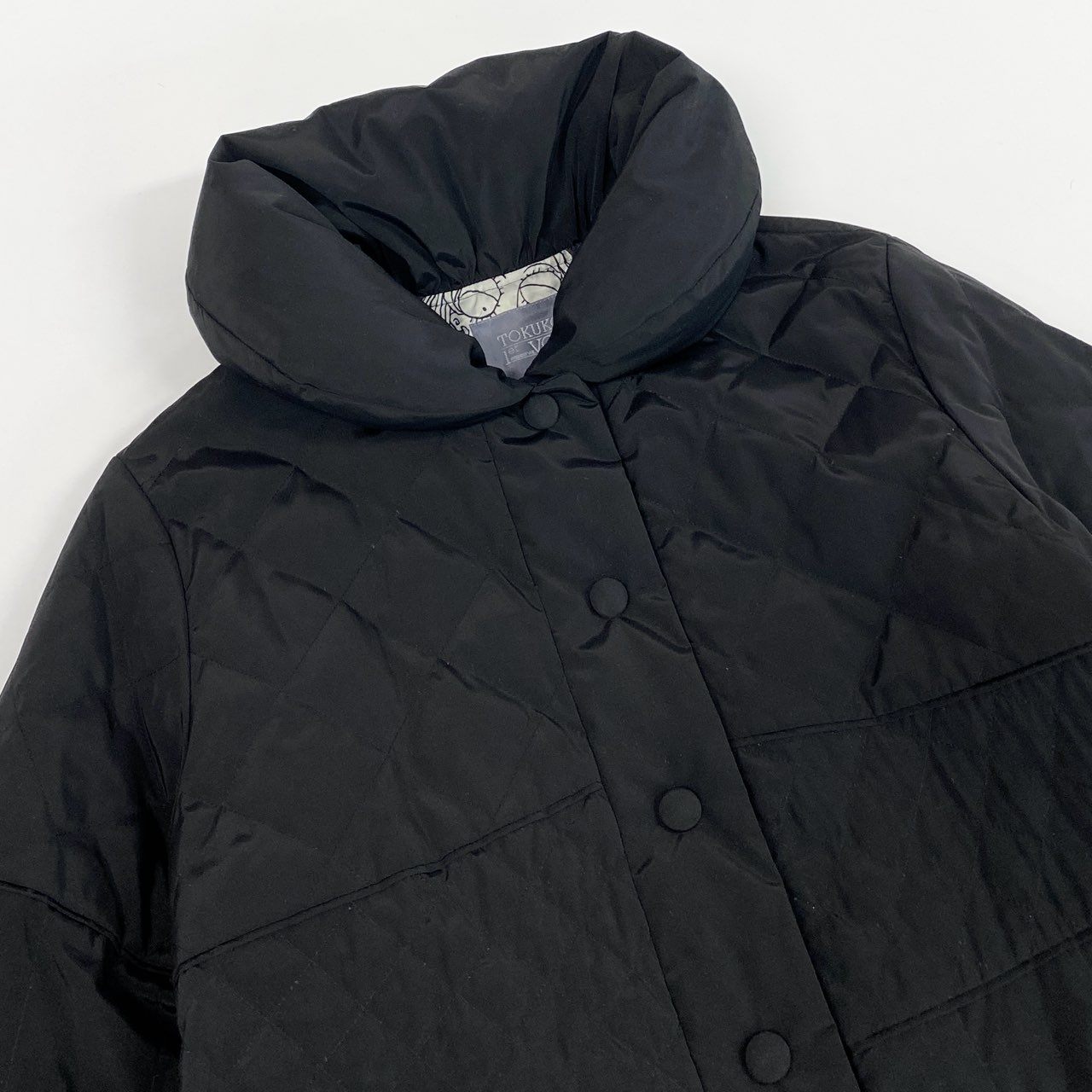 82k28 TOKUKO 1er VOL トクコプルミエヴォル ダウンコート ロングコート Aライン 裏地総柄プリント アウター 9 ブラック ポリエステル レディースu02t