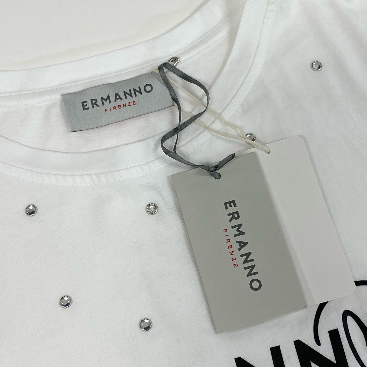 2j27《極美品》ERMANNO FIRENZE エルマンノ フィレンツェ 半袖Tシャツ ラインストーン ブランドロゴ 44サイズ ホワイト レディースu02t