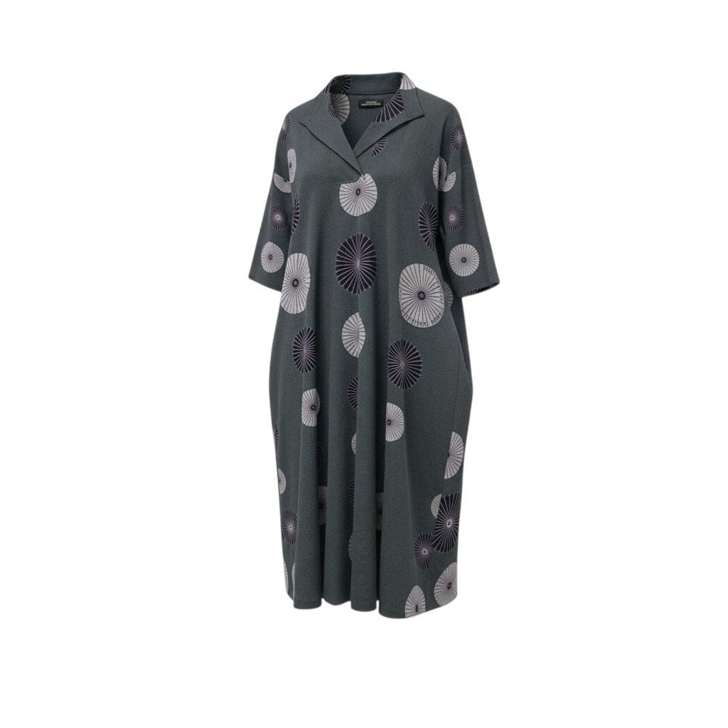 14c3 【美品】 SHISENDO TOMO COLLECTION 詩仙堂 7分袖 オープンカラーワンピース ロングワンピース ちりめん 総柄プリント レディース女性服 グレー ポリエステル100％u02t