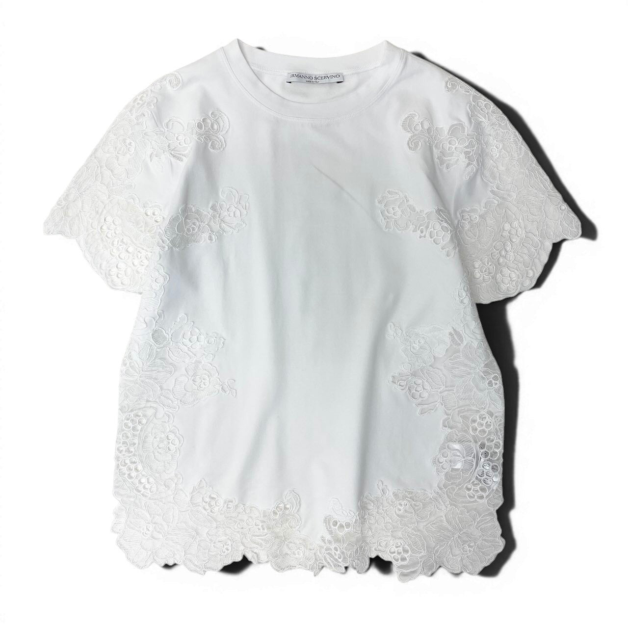 23e11【美品】ERMANO SCERVINO エルマノシェルビーノ 花柄レース半袖Tシャツ カットソー ストレッチ トップス 42サイズ ホワイト レディース 女性用t18r