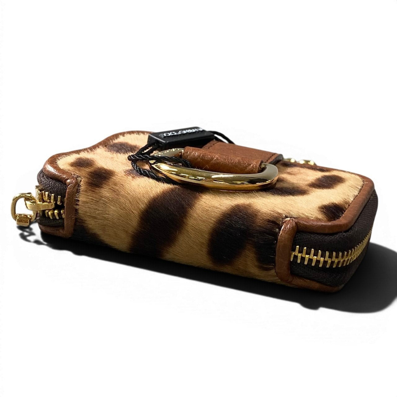 f10 【未使用タグ付】 DOLCE&GABBANA ドルチェアンドガッバーナ レオパード柄 ハラコチャーム 小物ケース ミラー付 ブラウン ベージュ ゴールド レディース 女性用