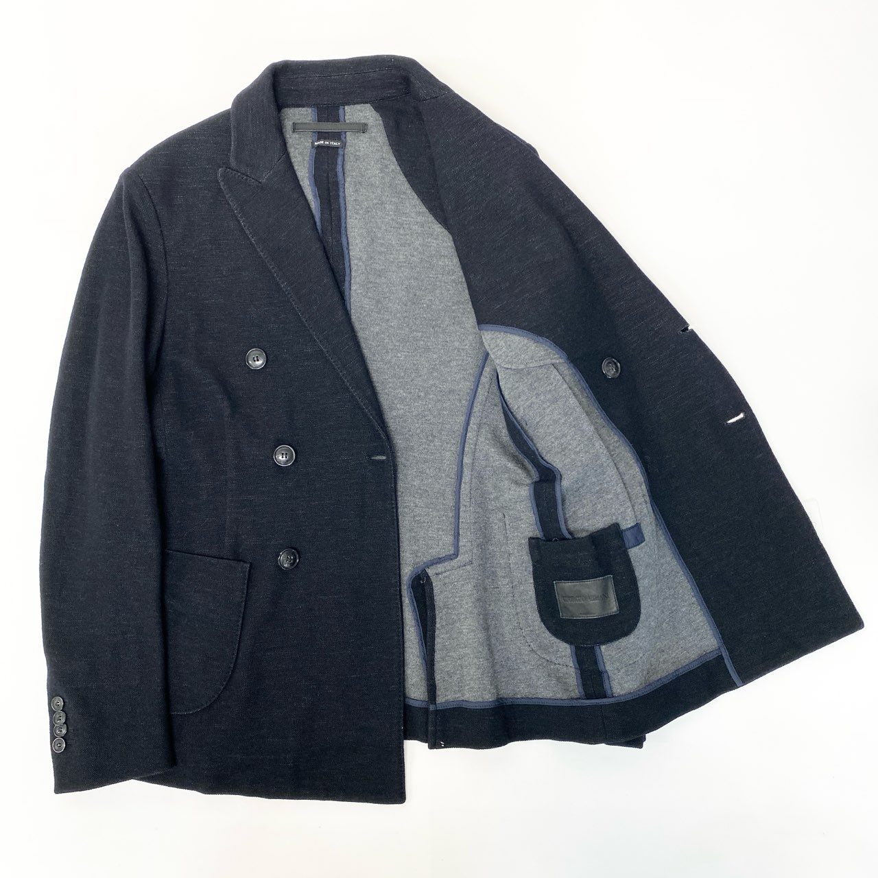 11b6【美品】GIORGIO ARMANI ジョルジオアルマーニ ダブルブレストテーラードジャケット ブレザー コットンウールジャケット 48サイズ ダークネイビー メンズ 男性用u02t