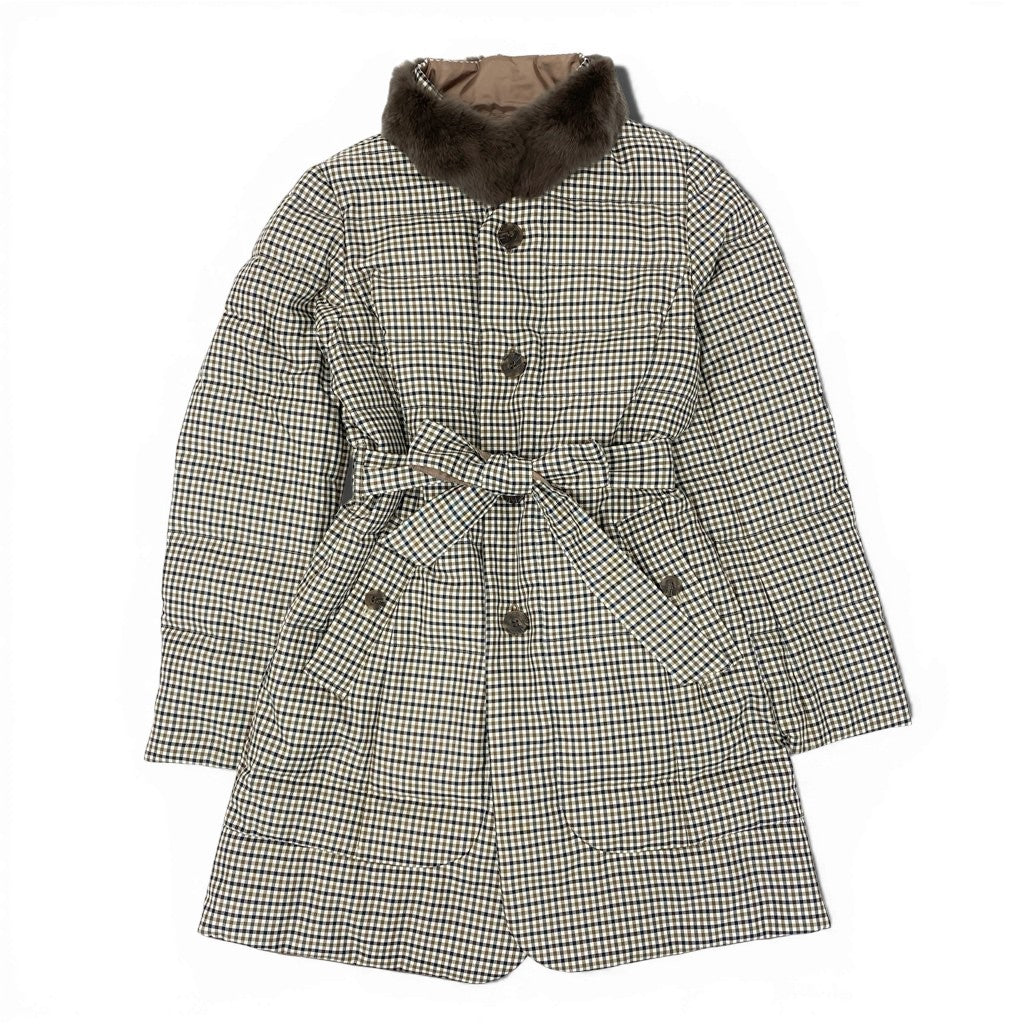 42a27 Aquascutum LONDON アクアスキュータム リバーシブル ダウンコート 2way レッキスラビットファー チェック柄 レディース サイズ8 ベージュo07t