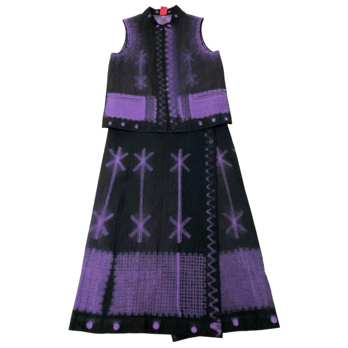 j23 【美品】ISSEY MIYAKE HaaT スカートセットアップ 幾何学転写デザインベスト ロング巻きスカート HA03FE581 2サイズ ブラック パープル レディース 女性用u02t