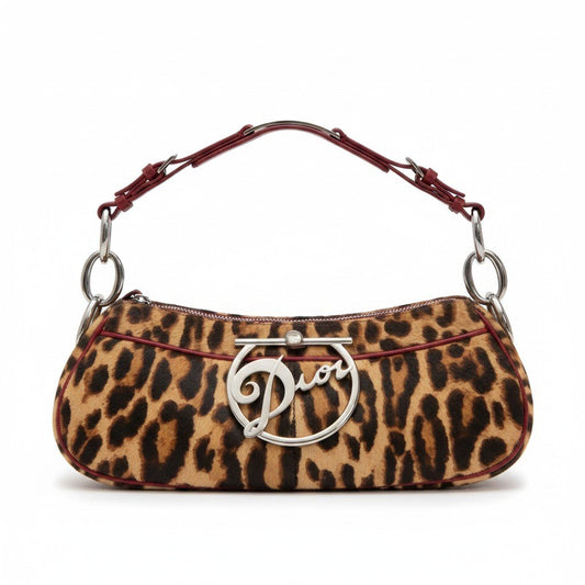 h20【美品】Christian Dior Diva Leopard Pony Hair Bag ブラウン レッド ハラコ レザー レディース 女性用ta1