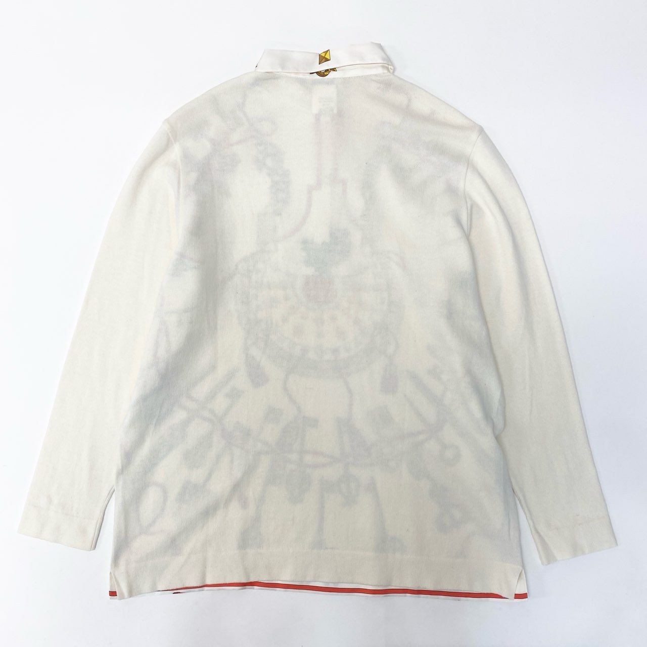 87a29 HERMES エルメス 長袖シャツ 長袖ニットセーター 異素材切替 スカーフ柄 シルク100％ イタリア製 Sサイズ ホワイト レディースo07t