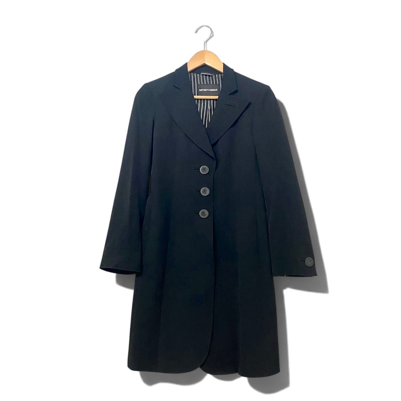 35h31 EMPORIO ARMANI エンポリオアルマーニ チェスターコート ロングコート 裏地ストライプ柄 サイズ38 ブラック レディースo07t