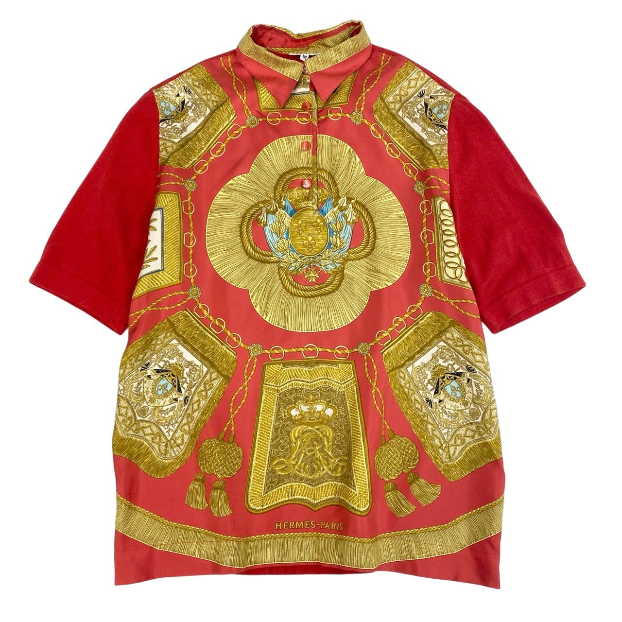74k11【美品】HERMES エルメス 半袖シルクシャツ  スカーフ柄 ハーフボタン イタリア製 Mサイズ レッド レディースu02t