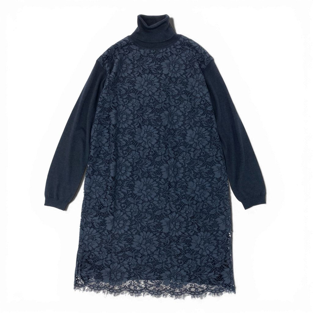 4a9 VALENTINO ヴァレンティノ レースニットワンピース ハイネック ロングスリーブ イタリア製 FBC9A525-VM1394B Lサイズ ネイビー レディースu02t
