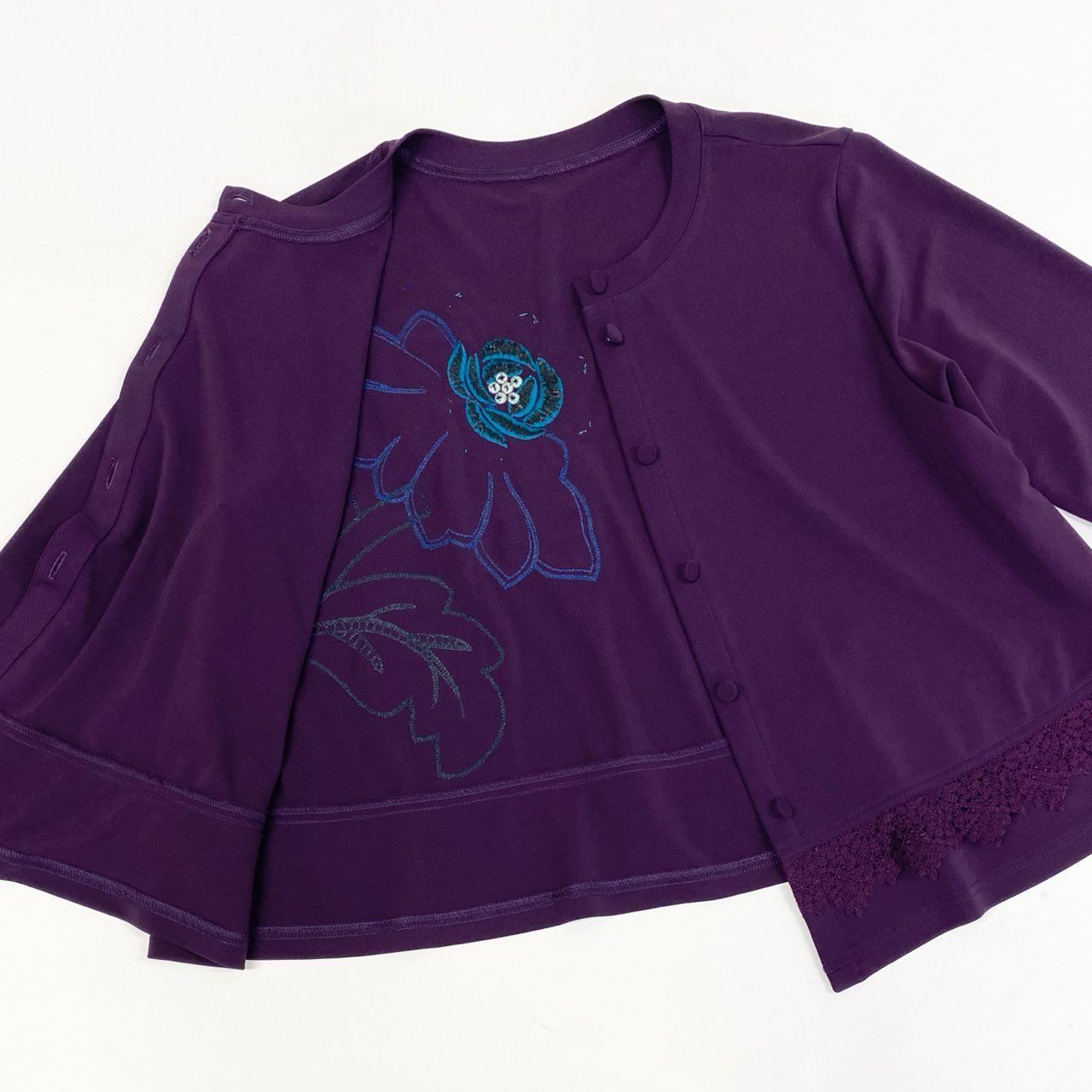 50b27 TOKUKO 1er VOL トクコプルミエヴォル ノーカラージャケット カーディガン 長袖  花柄 レース装飾 ストレッチ レディース 女性服 サイズ9 パープルu02t