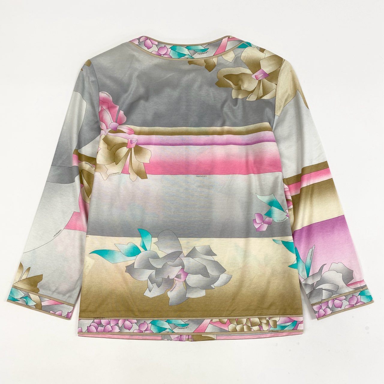 76a24 LEONARD FASHION レオナールファッション クルーネックカーディガン ジップ 花柄 薄手トップス L ベージュ レディース 女性用o07t