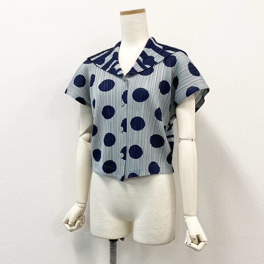 60f23 PLEATS PLEASE ISSEY MIYAKE プリーツプリーズ イッセイミヤケ ドット柄 セーラーカラー ノースリーブブラウス トップス カーディガン 羽織 日本製 PP41-JD681 3 ブルー