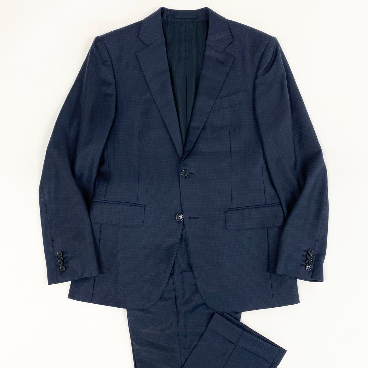 75f27 【美品】2022SS Ermenegildo Zegna エルメネジルドゼニア TOROFEO トロフェオ 2B シングルスーツ セットアップ ネイビー チェック サイズ7-46C メンズ ドレススーツ