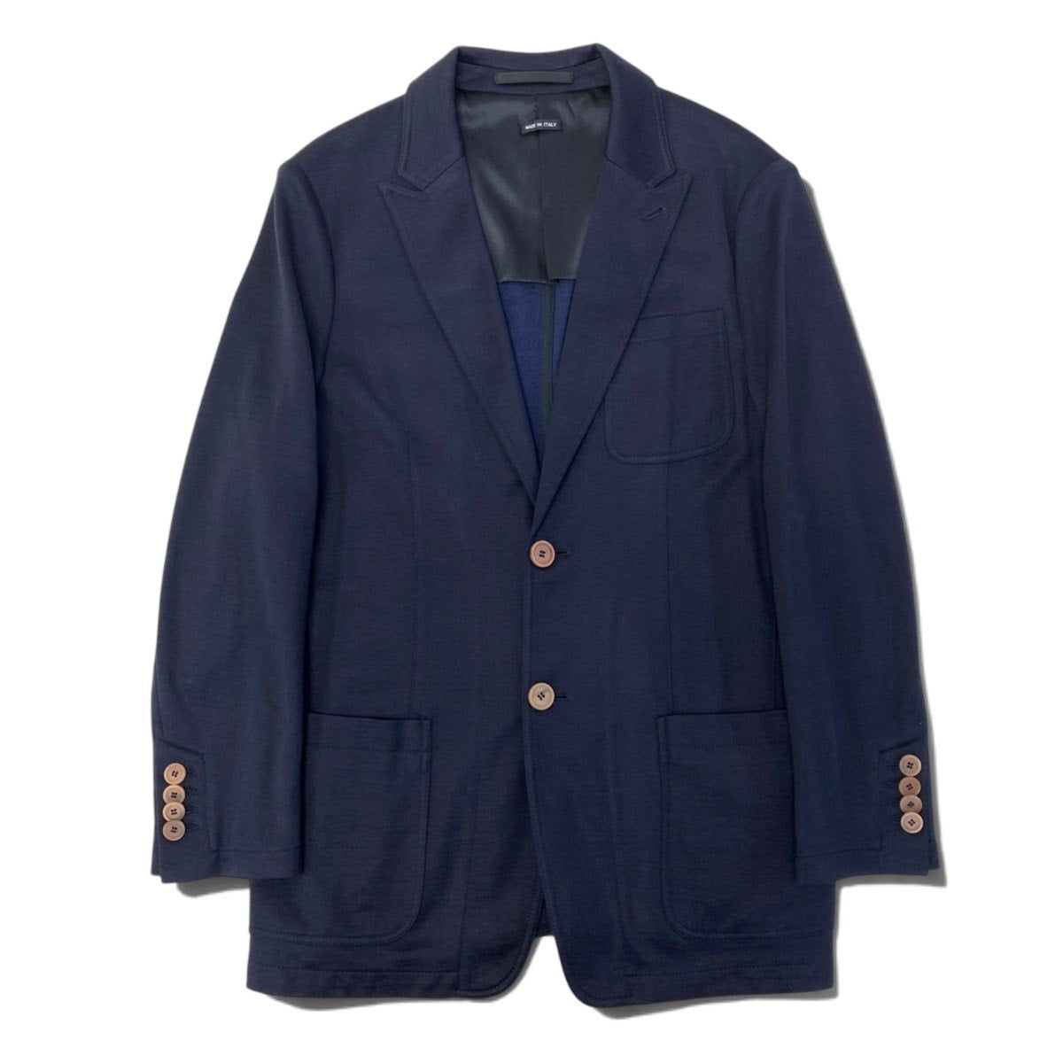 69j8 GIORGIO ARMANI ジョルジオアルマーニ レザータグ 本切羽 ストレッチテーラードジャケット サイズ50 ネイビー ブレザーt18r