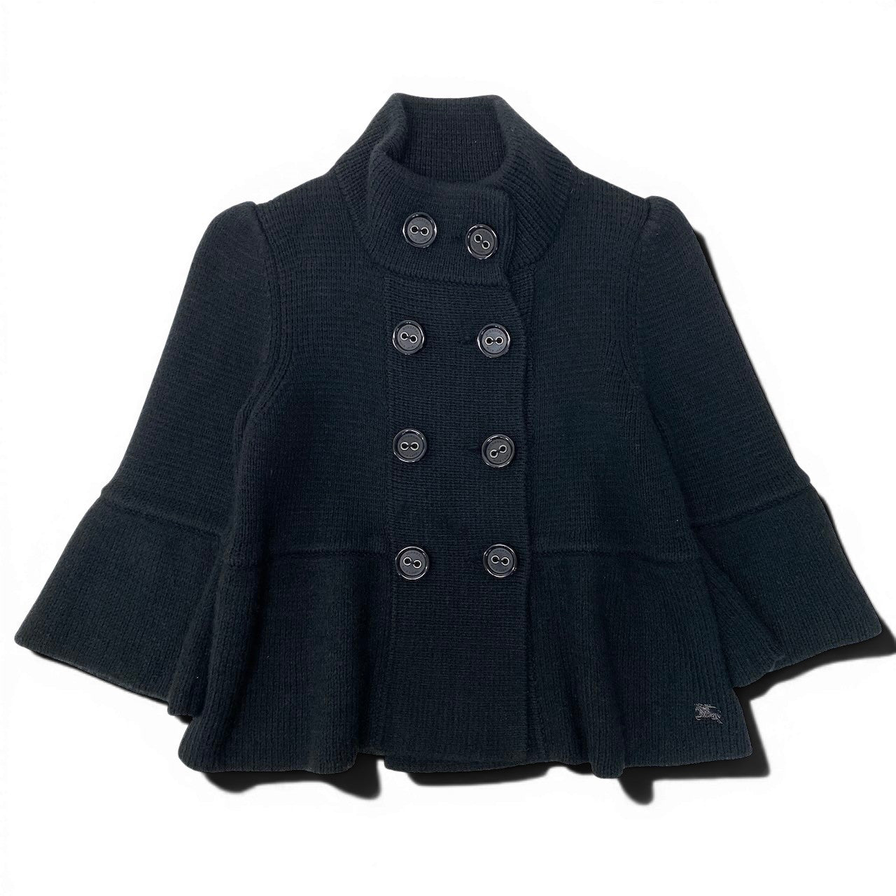 81g4 BURBERRY LONDON BLUE LABEL バーバリーロンドン ブルーレーベル ハイネック ニットジャケット ダブルブレスト ホース刺繡 サイズ38 ブラック レディース 女性用o07t