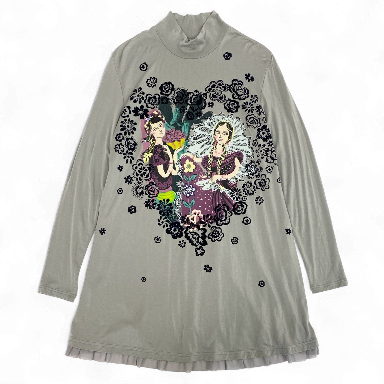 56k26 TOKUKO 1er VOL トクコプルミエヴォル 長袖ワンピース 裾シアー切替 プリント 伸縮ストレッチ 9 グレー系 レディースu02t