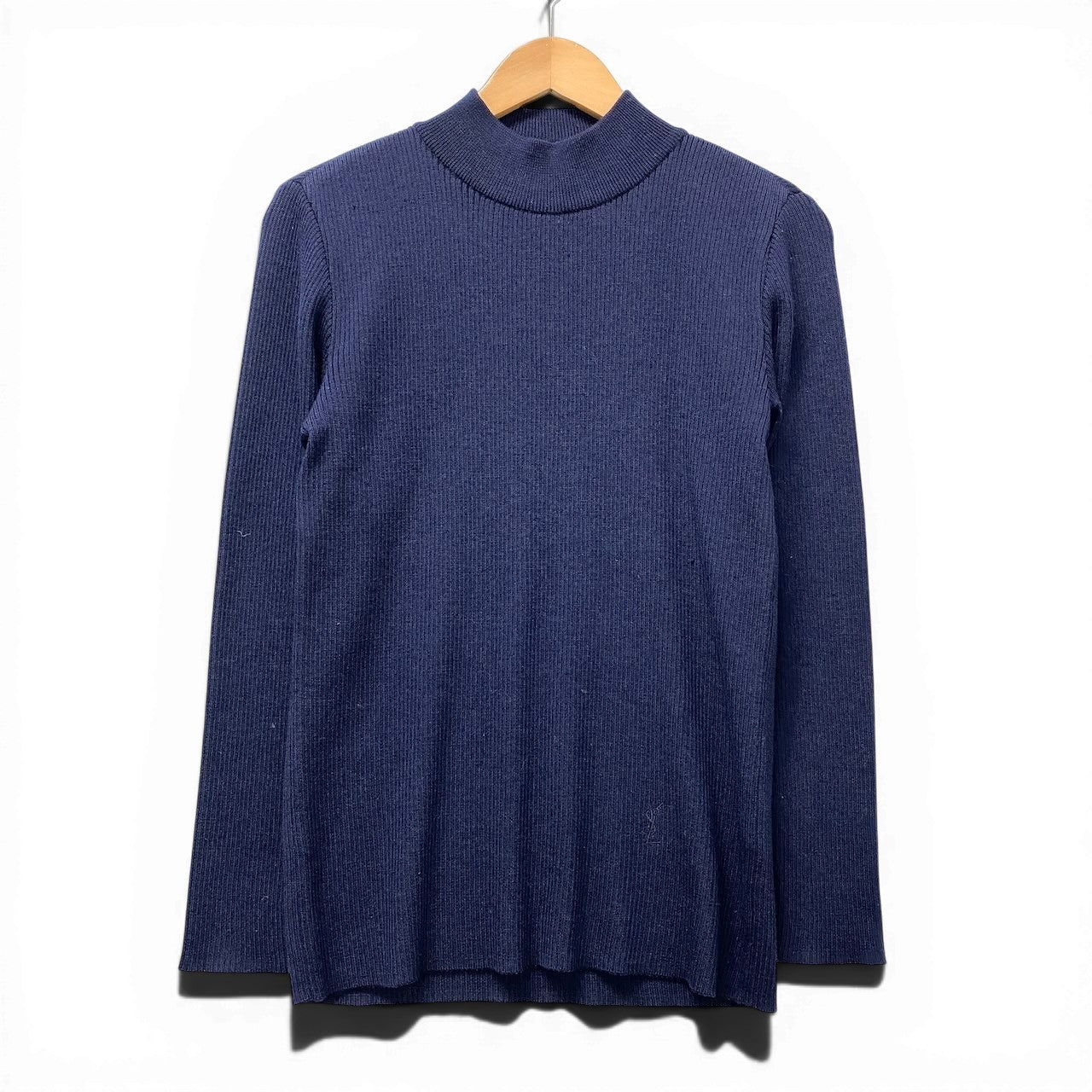 40f15 YVES SAINT LAURENT イヴサンローラン YSLロゴ リブニット ロングスリーブ ハイネックセーター サイズM ネイビー ウール100％ レディース 女性服o07t