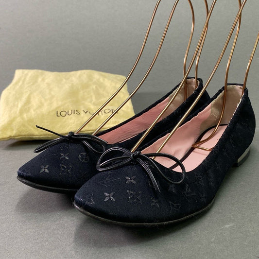 5e10 LOUIS VUITTON ルイヴィトン バレエシューズ フラットシューズ パンプス モノグラムサテン リボン サイズ36.5 ブラック レディース
