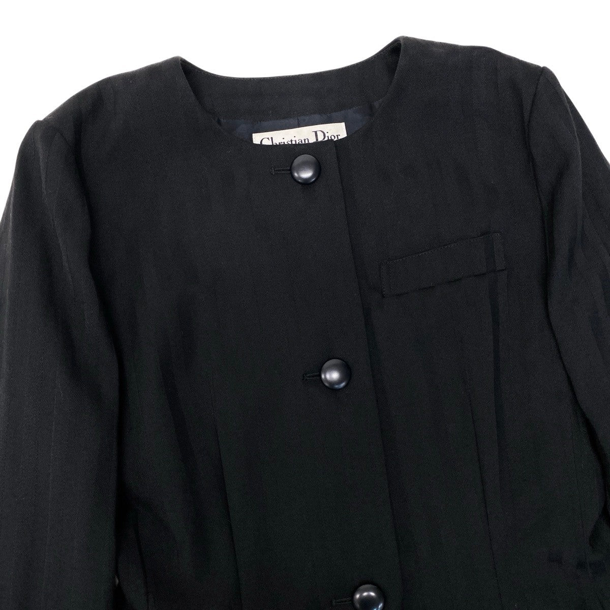 77h18 Christian Dior クリスチャンディオール ノーカラージャケット ウールジャケット ストライプ柄 フォーマル サイズ9 ブラック レディースo07t