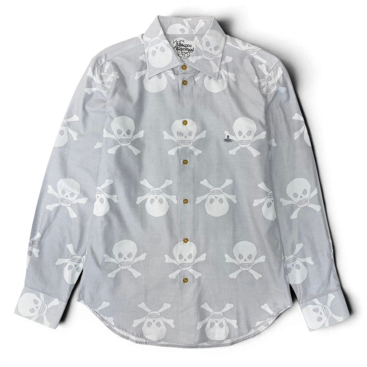 22e7 VivienneWestWood MAN ヴィヴィアンウエストウッドマン ロゴ刺繡 総柄シャツ ドクロ ロングスリーブシャツ サイズ50 ライトグレー コットン100％ メンズ 紳士服u02t