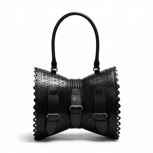 Aj14【美品】 ALAIA アライア 定価28万円 EDITION 1992 コルセット 18 カットワーク ワンハンドルバッグ ショルダーバッグ ブラック レザー レディースu02t