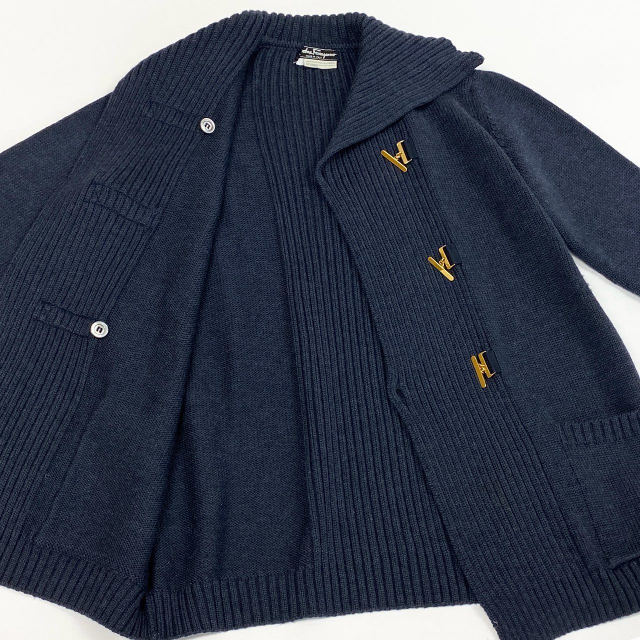 52b27 Salvatore Ferragamo サルヴァトーレフェラガモ ガンチーニ ニットカーディガン ロングカーディガン S ネイビー ウール レディースu02t