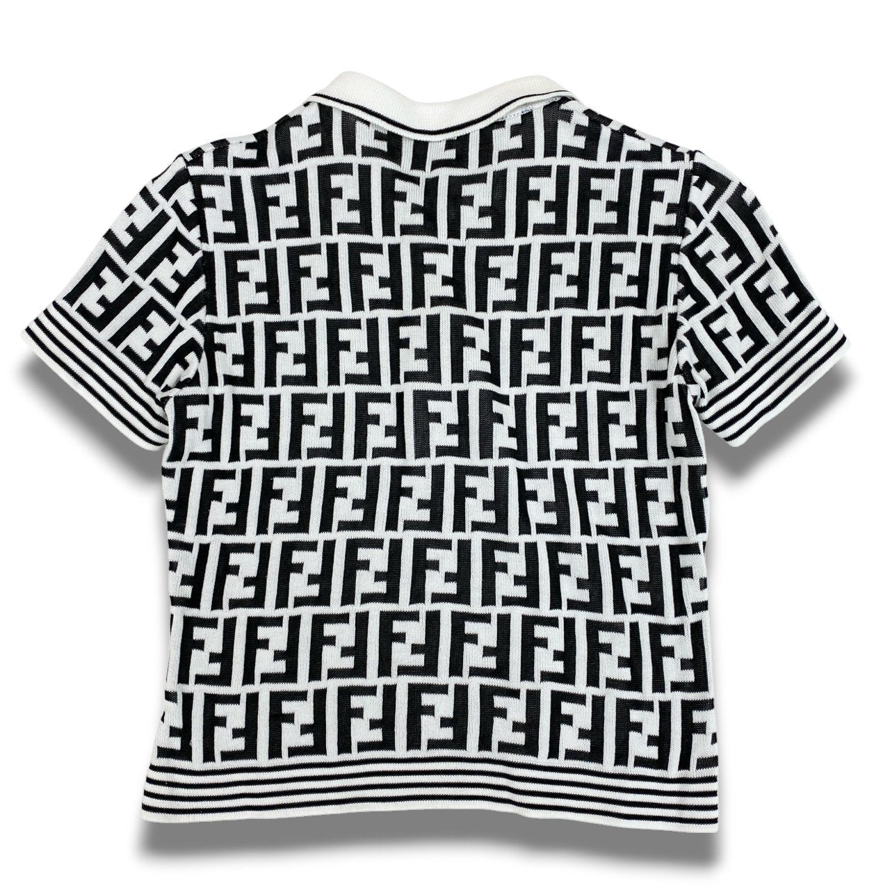 Ac2 FENDI フェンディ ヴィンテージ ニットポロシャツ ズッカ柄 S相当 ホワイト、ブラック レディース トップスk02i