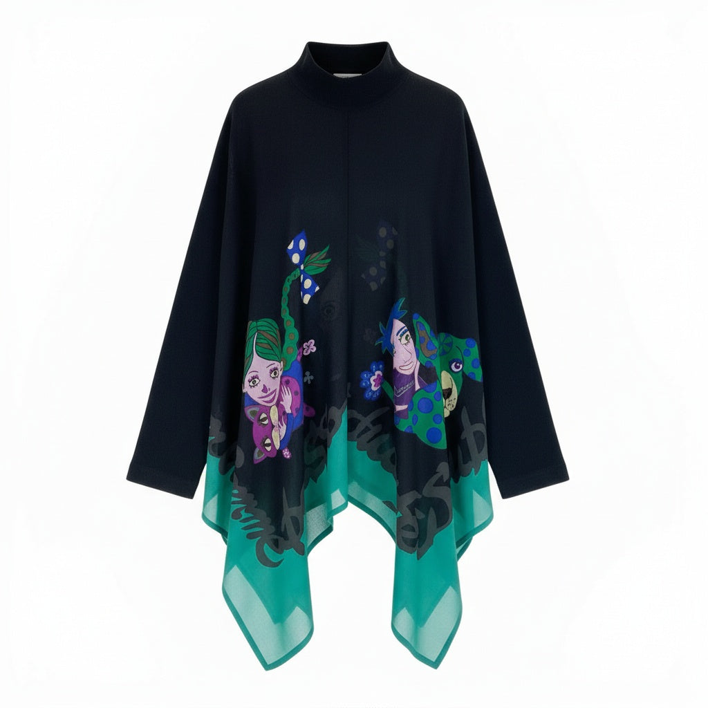 14a28 TOKUKO 1er VOL トクコプルミエヴォル 変形トップス チュニック 長袖シャツ ブラウス 総柄プリント 9 ブラック レディース 女性用u02t