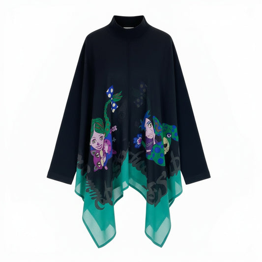 14a28 TOKUKO 1er VOL トクコプルミエヴォル 変形トップス チュニック 長袖シャツ ブラウス 総柄プリント 9 ブラック レディース 女性用u02t