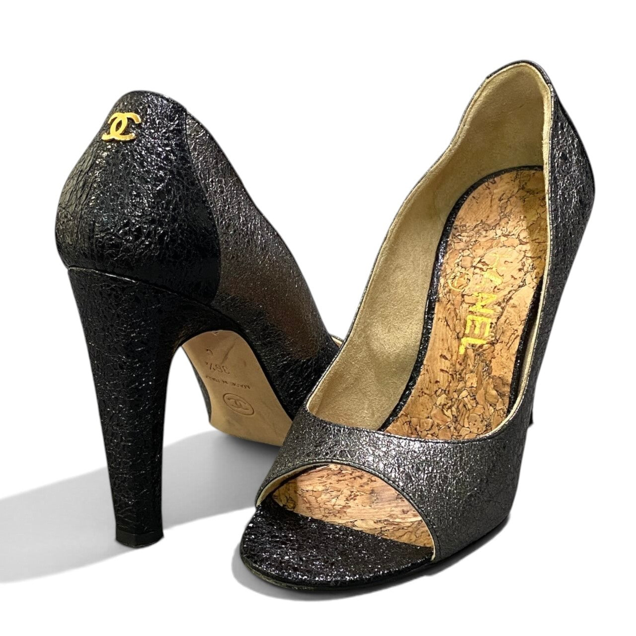 1h29《美品》 CHANEL シャネル CC ココマーク オープントゥ パンプス サイズ36 1/2 シルバー ブラック シューズt18r