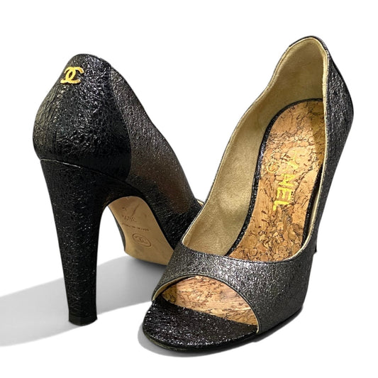 1h29《美品》 CHANEL シャネル CC ココマーク オープントゥ パンプス サイズ36 1/2 シルバー ブラック シューズt18r