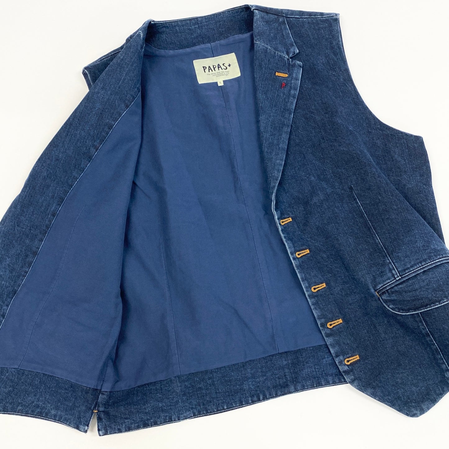 29k6【美品】PAPAS+ パパスプラス デニムベスト  ノースリーブ ジャケット アウター D045CFV 007 Lサイズ インディゴ メンズu02t