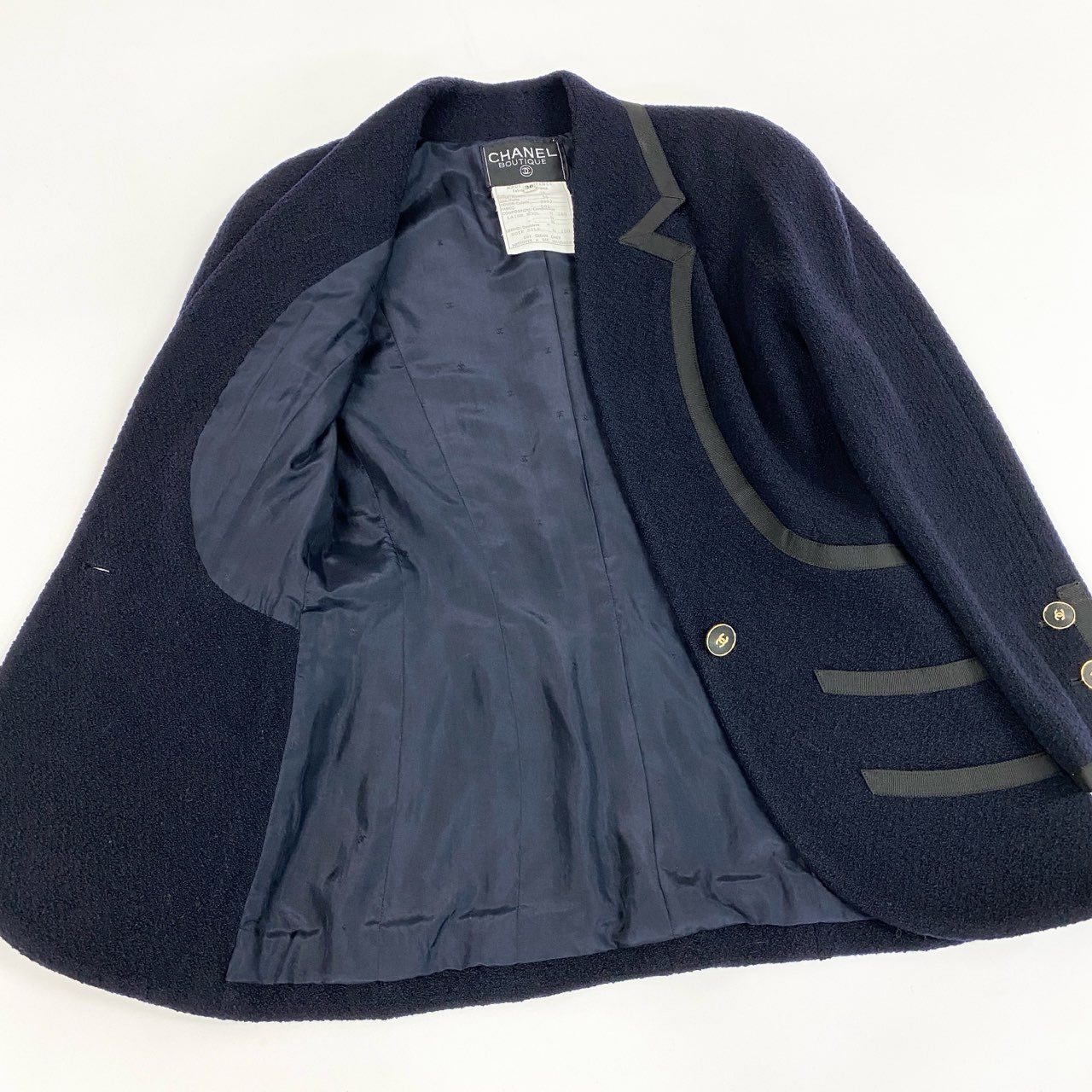 Cd9 Vintage CHANEL シャネル 1990 ツイードジャケット テーラードジャケット ココマーク 21178 36 ネイビー ウールu02t