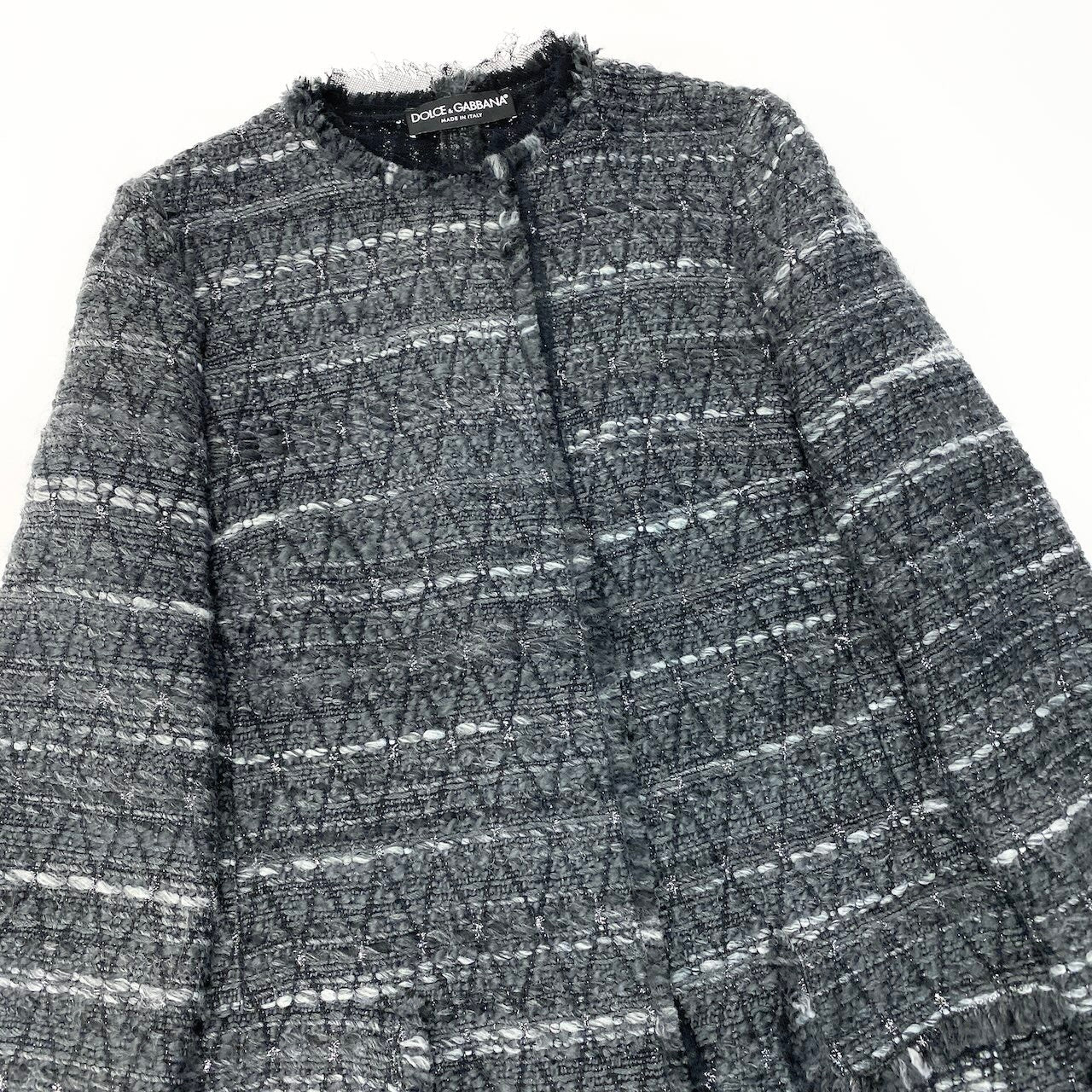 86e1 DOLCE&GABBANA ドルチェアンドガッバーナ ノーカラー ツイードコート ロングコート  イタリア製 サイズ38 グレー系 レディース 女性服u02t