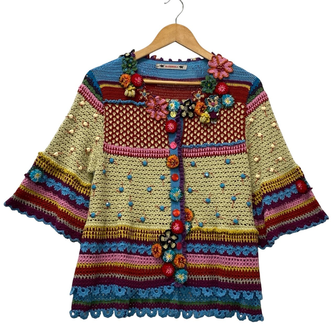 11a30 OLLEBOREBLA オレボレブラ アルベロベロ 透かし編みニットカーディガン ブタさん お花 ビーズ刺繍 マルチカラー レディース 女性用u02t