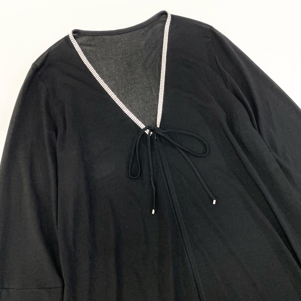 60c6《美品》 LEONARD レオナール カンカン素材 ラインストーン装飾 ロングカーディガン 羽織り トップス LL ブラック レディースu02t