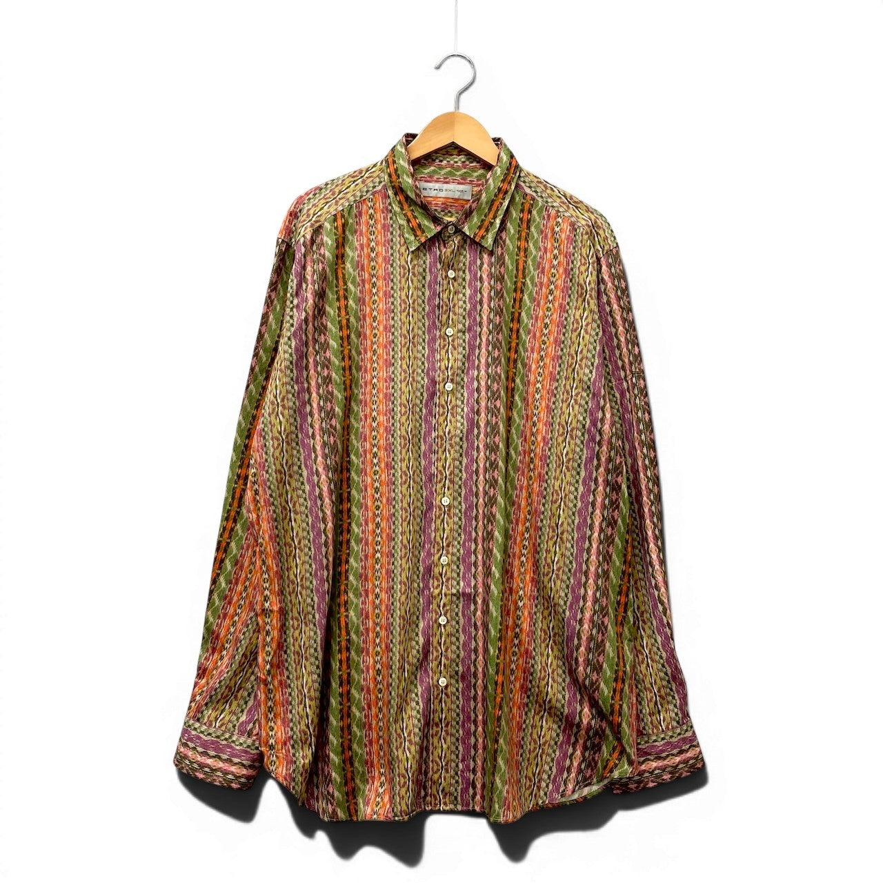 83e15【美品】ETRO エトロ ロングスリーブシャツ 総柄 ストライプ イタリア製 ３XLサイズ マルチカラー コットン100％ メンズ 男性用u02t